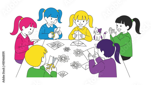 Creative Gathering: A group of children engage in an artistic session, focused on papercraft activities, the atmosphere filled with energy and playful discovery.