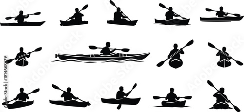 Black silhouette of kayakers paddling in various poses, kayaking, kayaker, silhouette, paddling, canoe, boat, water sport, recreation, outdoor activity, sport, action, movement, person, human, man, wo