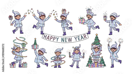 New Year's Elf Celebrations: Delightful illustration of elf characters frolicking, celebrating the New Year. Joyful elves with playful expressions are captured in various celebratory scenes.