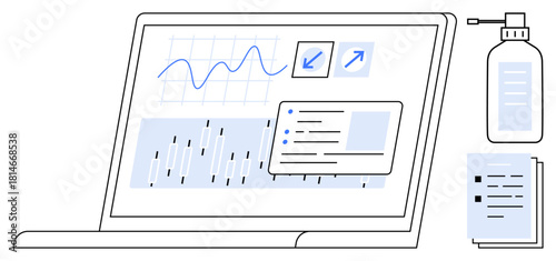Laptop showing graphs, charts, and reminders with nearby sanitizer bottle and documents. Ideal for analytics, productivity, remote work, health, hygiene workplace focus. Simple flat metaphor