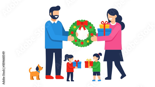 Holiday Cheer: A family exchanging gifts and decorations, embodying the festive spirit of the holiday season, embraces traditions and celebrates togetherness
