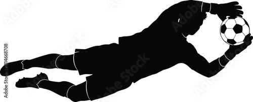 Black silhouette of soccer goalkeeper diving to catch ball, soccer, football, goalkeeper, goalie, diving, catching, ball, sport, athletic, action, silhouette, black, white, isolated, white background,