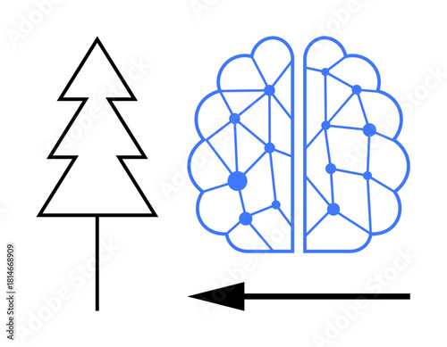 Transformation concept illustration. The shift from nature to artificial intelligence by a tree, neural network, and directional arrow. For AI evolution, sustainability, technology, robotics