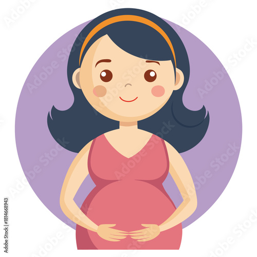 Cheerful pregnant woman with dark hair wearing a pink dress and headband