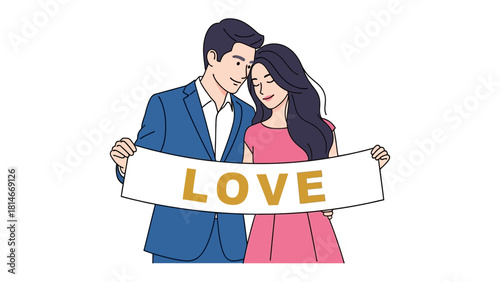 Affection's Embrace: An enamored couple shares a tender moment, cradling a banner that proclaims the universal message of love. Depicting a scene of romance and connection.