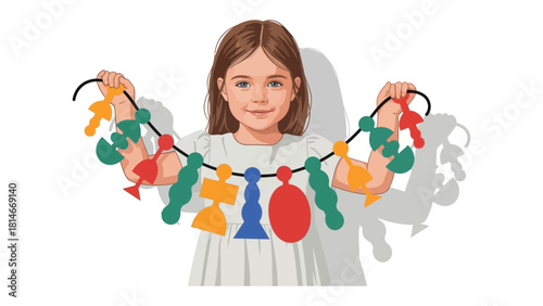 A Young Girl with Toy Necklace:  A young girl, beaming with a smile, joyfully displays a colorful toy necklace, her hands outstretched in a gesture of playful sharing. 