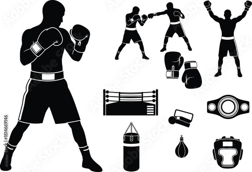 Boxing silhouettes and equipment on white background, boxing, boxer, silhouette, sport, fighting, combat, ring, gloves, punching bag, speed bag, headgear, championship belt, victory, training, competi