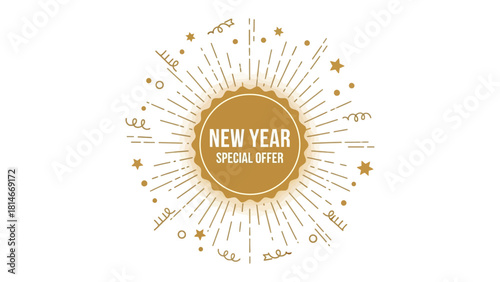 New Year Special Offer: A golden emblem with radiant design, signaling a special new year offer, featuring festive elements such as stars and lines in a celebratory graphic.