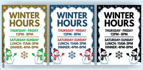 Winter Hours Signs With Snowmen And Snowflakes announcement