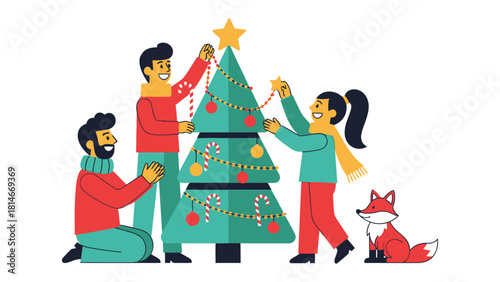 Christmas Decoration: A heartwarming illustration captures a family, including a child and a pet, joyfully decorating a Christmas tree, creating a scene of festive cheer.