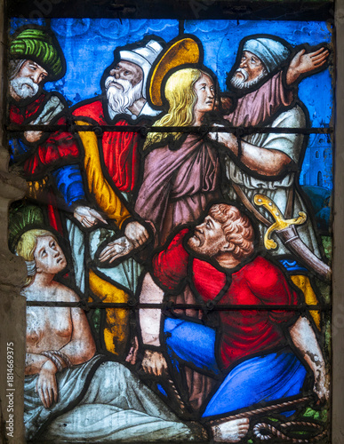 Stained glass (16th century) of Daniel with Susanna and the Elders.