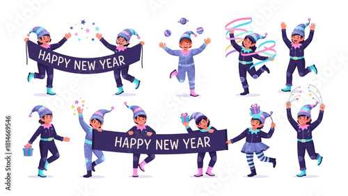 Celebratory New Year Ensemble: A collection of diverse, cheerful figures in festive attire enthusiastically celebrate the New Year with banners, streamers, and joyful gestures.