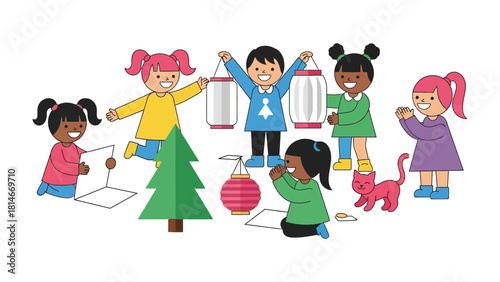 Children with lanterns and festive crafts: A group of diverse children are joyfully engrossed in festive crafts. Each child exudes pure glee as they play with paper lanterns and other festive crafts.