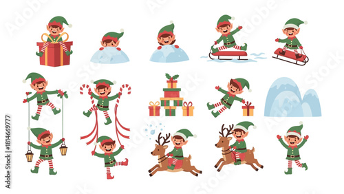 Festive Elf Playtime: A collection of cheerful elves engage in playful activities, filled with excitement and merriment. Capture the spirit of the season through these whimsical characters.
