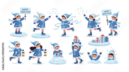 New Year Celebration in Snow: Festive illustration showcasing children enjoying various winter activities like ice skating and playing in the snow, adding a touch of holiday cheer and excitement.