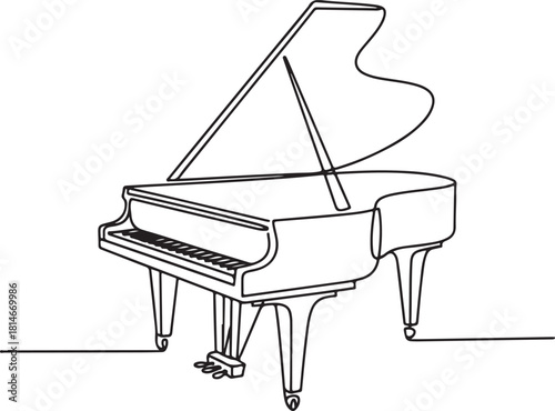 Continuous line art illustration of elegant grand piano profile with handmade contour