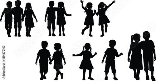 Childhood Companions Silhouettes Vector Set, Happy Kids Embracing, Walking, and Playing Together in Various Poses, Youthful Friendship Theme
