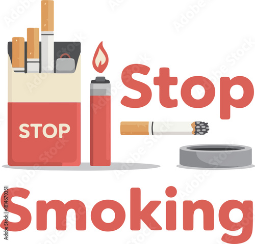 Red cigarette pack lighter ashtray and cigarettes with stop smoking text vector