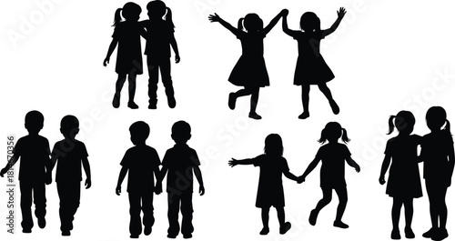 School Children Friendship Silhouette Vector Set, Boys and Girls Walking, Jumping, and Standing Together in Pairs, Childhood Bonding Graphics