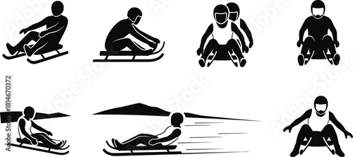 Luge sledding icons single person two people action poses, luge sledding icon, sledding silhouette, winter sports, winter activity, sports icon, person on sled, two people on sled, action pose, speed 