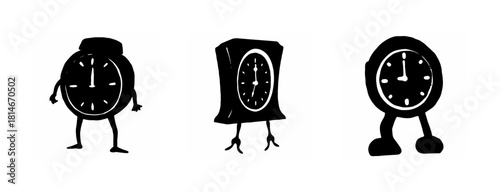 Whimsical cartoon clocks with legs and arms on white background