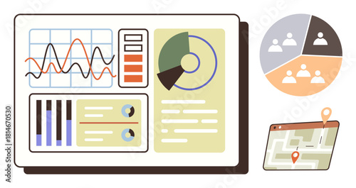 Data dashboard displays analytics graphs, bar chart, pie chart, and navigation map with marker. Ideal for analysis, reporting, business strategy, management, organization market research simple