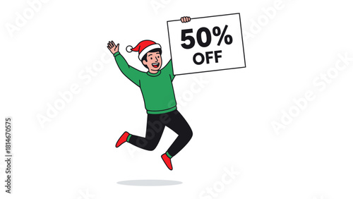 Holiday Discount Joy: An animated individual wearing a festive hat enthusiastically displays a sign announcing a 50% discount. A visual representation of holiday season, bargain hunting.
