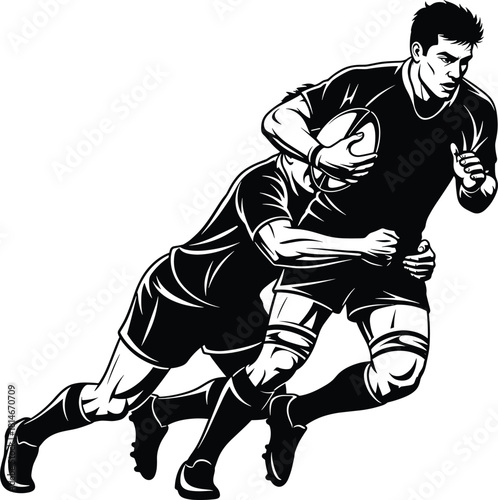 Rugby player tackled by opponent black and white illustration, rugby, rugby player, tackle, opponent, sport, athletic, action, competition, game, strength, power, movement, dynamic, black and white, i