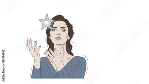 Reaching for a Bright Dream: A graceful woman with a thoughtful gaze extends her hands towards a sparkling star, symbolizing aspiration and the pursuit of dreams.
