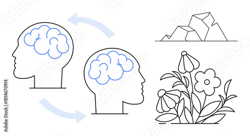 Two human brain outlines interconnected by arrows, a mountain symbolizing obstacles, and flowers representing growth. Ideal for growth, mindset, psychology, evolution, self-improvement, education