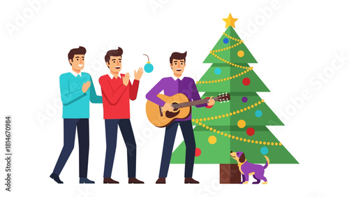 Festive Harmony: Three individuals unite in a festive atmosphere, celebrating the season with joyful singing and guitar music near a decorated evergreen tree.