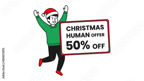 Festive Christmas Offer Announcement: A cheerful person dressed in holiday attire joyfully showcases a promotional sign with a tempting discount