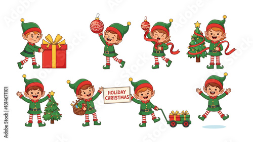 Christmas Elf Collection: A vibrant collection of Christmas elves, each engrossed in delightful festive tasks such as preparing gifts, decorating the tree, and spreading holiday cheer.