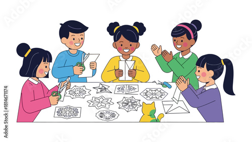 Creative Minds at Work: Young students collaboratively engaging in arts and crafts, their faces alight with creativity and the joy of shared making.