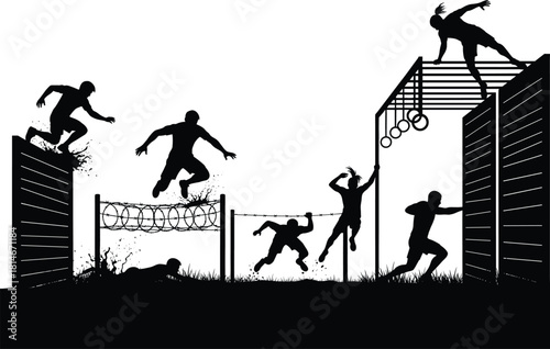 Silhouettes of people completing an obstacle course, obstacle course, silhouette, people, running, jumping, climbing, fitness, sport, challenge, competition, action, movement, exertion, strength, agil