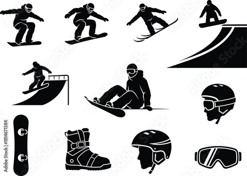 Snowboarder action icons and equipment snowboarding, snowboarder, snowboarding, action, jump, trick, ramp, rail, sitting, equipment, snowboard, boot, helmet, goggles, silhouette, black and white, wint