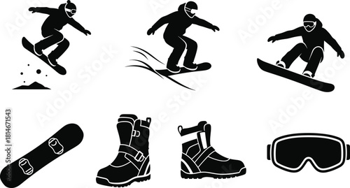 Snowboarding action icons and equipment snowboarder, snowboarding, snowboarder, action, jump, snow, sport, winter, extreme, equipment, snowboard, boots, goggles, silhouette, black and white, graphic, 