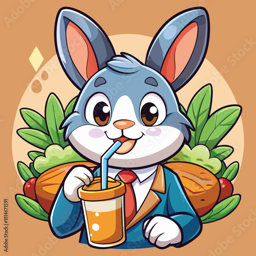 Cute cartoon bunny in a suit enjoys a refreshing drink with hot dogs