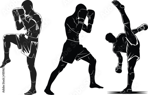 Three black silhouettes of Muay Thai fighters in action, muay thai, thai boxing, fighter, silhouette, boxing, martial arts, combat, sport, kickboxing, fighting, athlete, action, dynamic, energy, stren