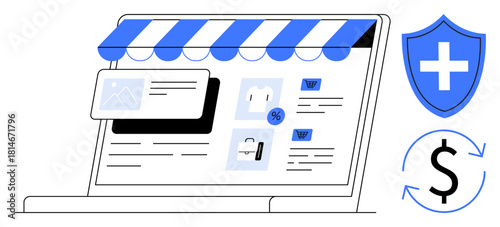 Laptop with digital storefront, product listings, and discount offers alongside a security shield, currency loop symbol. Ideal for e-commerce, online store, financial security, trust, transaction