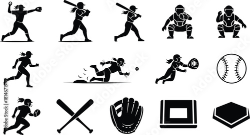 Softball players and equipment icons baseball female, softball, baseball, player, female, woman, girl, pitcher, batter, catcher, runner, sliding, fielding, catching, throwing, bat, glove, mitt, base, 