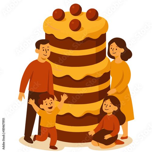 Giant Birthday Cake Taller Than Parents with Happy Kids Vector Illustration