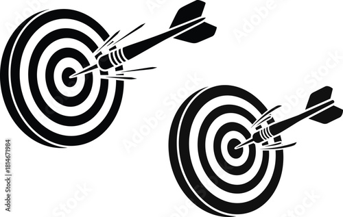 Two black darts hitting bullseye targets game, dart, darts, target, bullseye, game, sport, competition, accuracy, precision, aim, goal, success, win, hit, throw, board, concentric circles, black and w