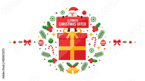 Christmas Offer: A festive graphic featuring Santa Claus promoting the ultimate Christmas offer with gift, candy canes and other elements.