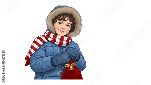 A Winter Daydream: A young boy, bundled in warm winter attire, holds a festive gift bag, his gaze filled with a touch of curiosity and joy. The vibrant scene evokes the cozy magic of the season.