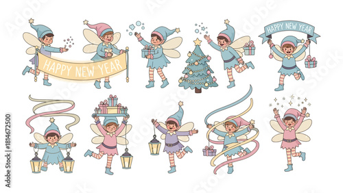 Whimsical Festive Elves: A delightful set of cheerful elves adorned with wings, exuding festive charm, and carrying holiday gifts. Ideal for bringing a touch of holiday magic and joy.