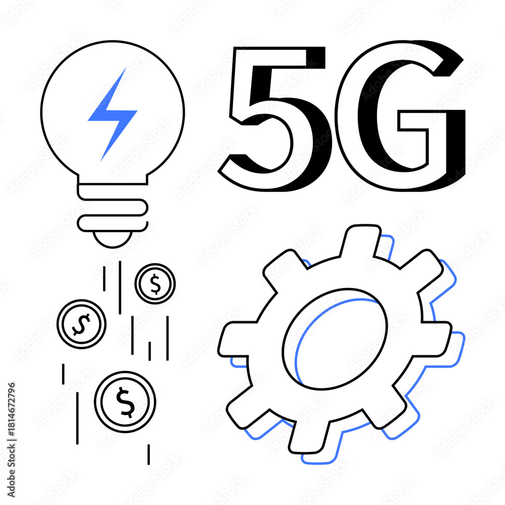 Obraz premium Lightbulb representing energy and innovation, 5G text for high-speed technology, falling coins for economic value, and gear for development and progress. Ideal for tech innovation, connectivity