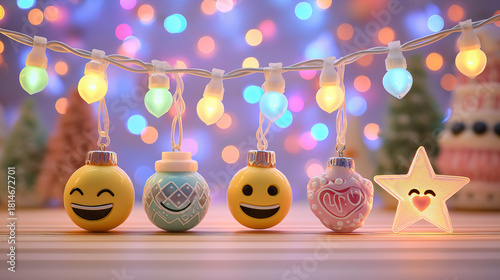 A vibrant string of lights illuminates cheerful emoji ornaments. The background is a soft blur of bokeh lights. Festive and bright, this creates a fun Winter holiday feeling