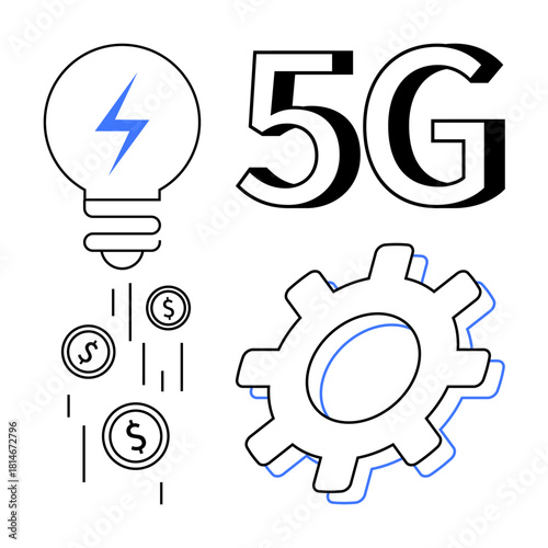 Lightbulb representing energy and innovation, 5G text for high-speed technology, falling coins for economic value, and gear for development and progress. Ideal for tech innovation, connectivity