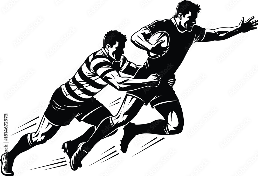 Fototapeta premium Two rugby players in action black and white illustration, rugby, sport, players, action, running, tackling, ball, game, competition, athletic, strength, power, movement, dynamic, black and white, illu